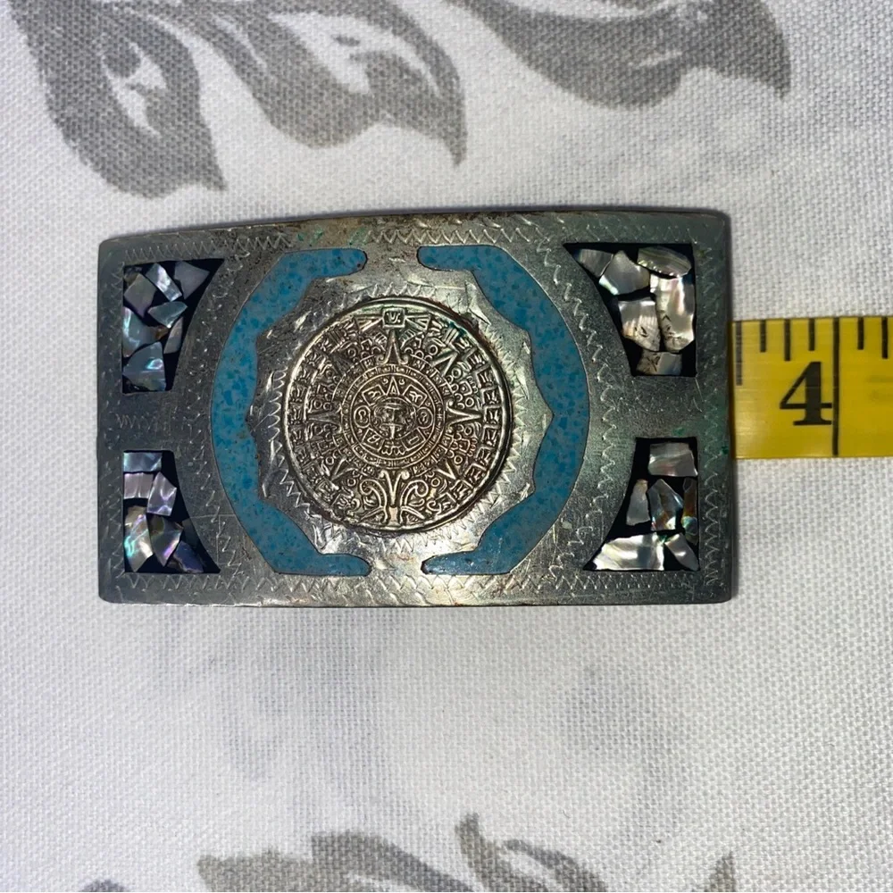 MEXICO ALPACA AZTEC CALENDAR SILVER MOTHER OF PEARL‎ BELT BUCKLE